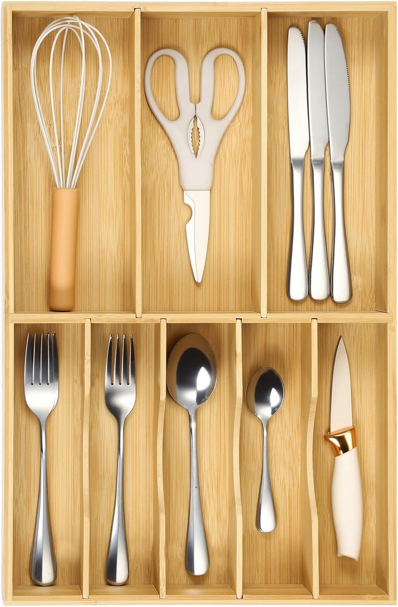 Fabsome Silverware Organizer for Kitchen Drawers, 2.5'' Deep 12.8'' Wide Bamboo Wood Flatware Tray with Deep Slots for Large Cutlery Utensil Drawer - Image 1